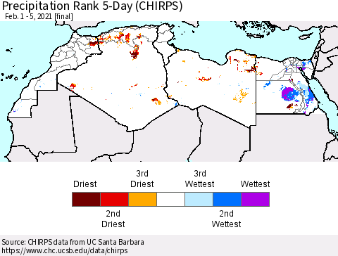 North Africa Precipitation Rank since 1981, 5-Day (CHIRPS) Thematic Map For 2/1/2021 - 2/5/2021