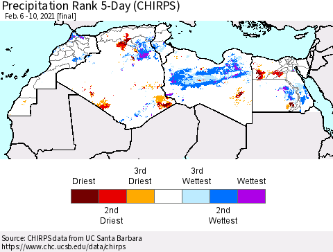 North Africa Precipitation Rank since 1981, 5-Day (CHIRPS) Thematic Map For 2/6/2021 - 2/10/2021