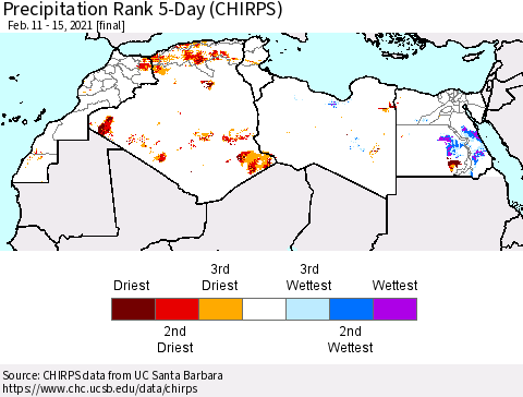 North Africa Precipitation Rank since 1981, 5-Day (CHIRPS) Thematic Map For 2/11/2021 - 2/15/2021