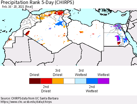 North Africa Precipitation Rank since 1981, 5-Day (CHIRPS) Thematic Map For 2/16/2021 - 2/20/2021