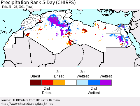 North Africa Precipitation Rank since 1981, 5-Day (CHIRPS) Thematic Map For 2/21/2021 - 2/25/2021