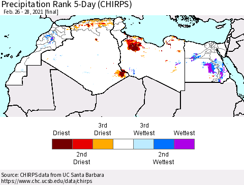 North Africa Precipitation Rank since 1981, 5-Day (CHIRPS) Thematic Map For 2/26/2021 - 2/28/2021