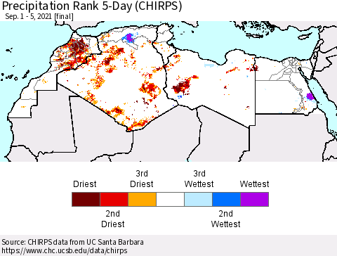 North Africa Precipitation Rank since 1981, 5-Day (CHIRPS) Thematic Map For 9/1/2021 - 9/5/2021