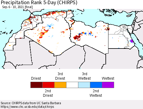 North Africa Precipitation Rank since 1981, 5-Day (CHIRPS) Thematic Map For 9/6/2021 - 9/10/2021