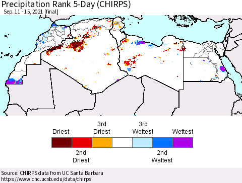 North Africa Precipitation Rank since 1981, 5-Day (CHIRPS) Thematic Map For 9/11/2021 - 9/15/2021