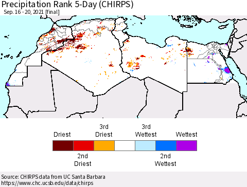 North Africa Precipitation Rank since 1981, 5-Day (CHIRPS) Thematic Map For 9/16/2021 - 9/20/2021