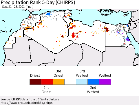 North Africa Precipitation Rank since 1981, 5-Day (CHIRPS) Thematic Map For 9/21/2021 - 9/25/2021