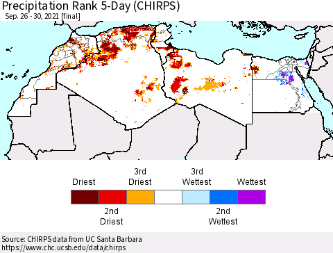 North Africa Precipitation Rank since 1981, 5-Day (CHIRPS) Thematic Map For 9/26/2021 - 9/30/2021