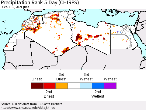 North Africa Precipitation Rank since 1981, 5-Day (CHIRPS) Thematic Map For 10/1/2021 - 10/5/2021