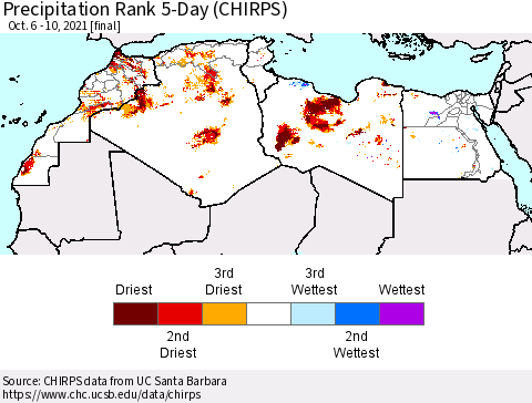 North Africa Precipitation Rank since 1981, 5-Day (CHIRPS) Thematic Map For 10/6/2021 - 10/10/2021