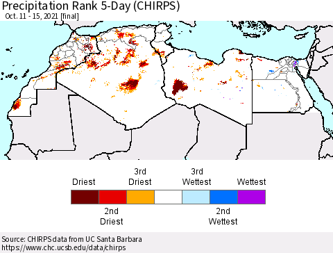 North Africa Precipitation Rank since 1981, 5-Day (CHIRPS) Thematic Map For 10/11/2021 - 10/15/2021