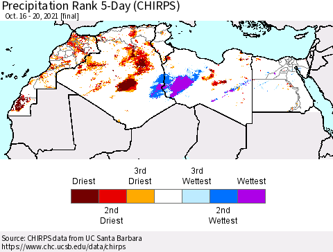 North Africa Precipitation Rank since 1981, 5-Day (CHIRPS) Thematic Map For 10/16/2021 - 10/20/2021