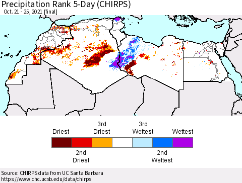 North Africa Precipitation Rank since 1981, 5-Day (CHIRPS) Thematic Map For 10/21/2021 - 10/25/2021