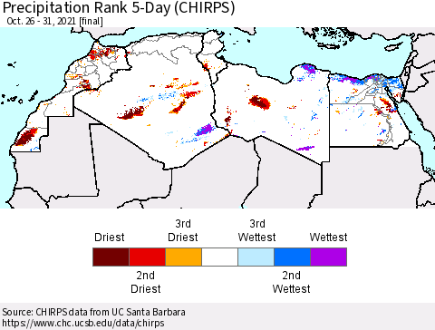 North Africa Precipitation Rank since 1981, 5-Day (CHIRPS) Thematic Map For 10/26/2021 - 10/31/2021