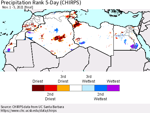 North Africa Precipitation Rank since 1981, 5-Day (CHIRPS) Thematic Map For 11/1/2021 - 11/5/2021