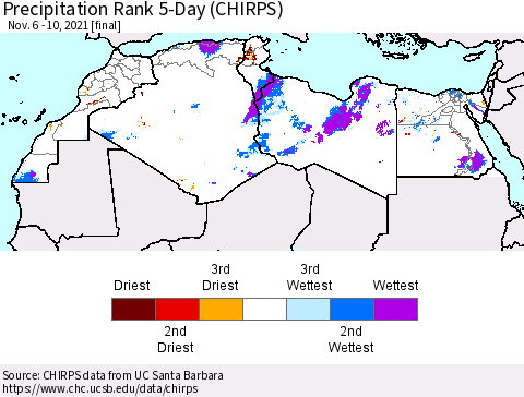 North Africa Precipitation Rank since 1981, 5-Day (CHIRPS) Thematic Map For 11/6/2021 - 11/10/2021