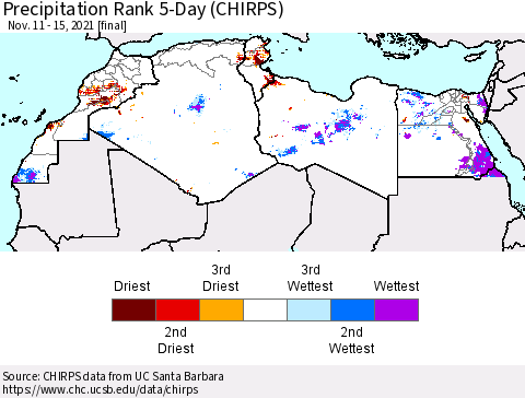 North Africa Precipitation Rank since 1981, 5-Day (CHIRPS) Thematic Map For 11/11/2021 - 11/15/2021