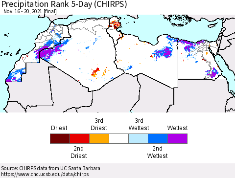 North Africa Precipitation Rank since 1981, 5-Day (CHIRPS) Thematic Map For 11/16/2021 - 11/20/2021