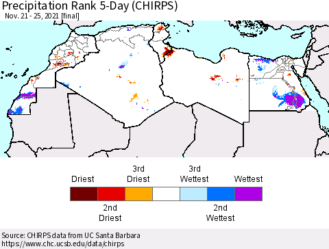 North Africa Precipitation Rank since 1981, 5-Day (CHIRPS) Thematic Map For 11/21/2021 - 11/25/2021