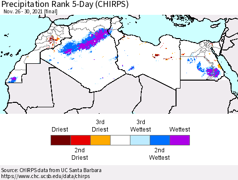 North Africa Precipitation Rank since 1981, 5-Day (CHIRPS) Thematic Map For 11/26/2021 - 11/30/2021