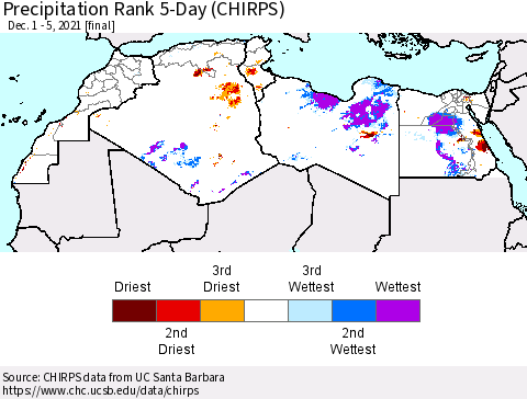 North Africa Precipitation Rank since 1981, 5-Day (CHIRPS) Thematic Map For 12/1/2021 - 12/5/2021