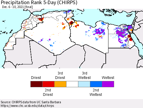 North Africa Precipitation Rank since 1981, 5-Day (CHIRPS) Thematic Map For 12/6/2021 - 12/10/2021