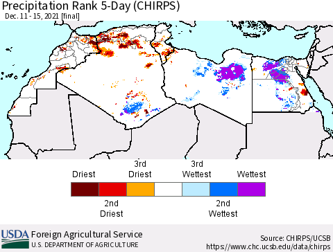 North Africa Precipitation Rank since 1981, 5-Day (CHIRPS) Thematic Map For 12/11/2021 - 12/15/2021
