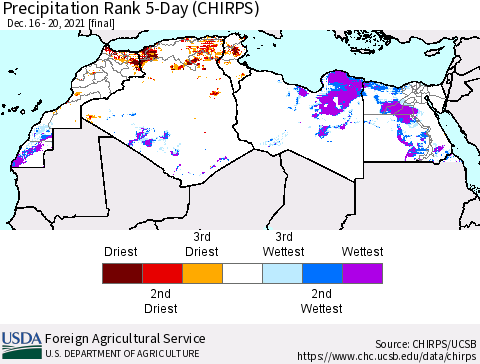 North Africa Precipitation Rank since 1981, 5-Day (CHIRPS) Thematic Map For 12/16/2021 - 12/20/2021