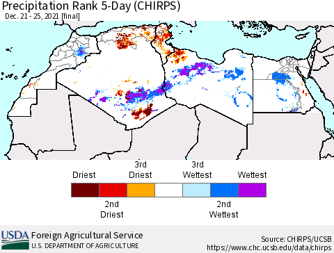 North Africa Precipitation Rank since 1981, 5-Day (CHIRPS) Thematic Map For 12/21/2021 - 12/25/2021