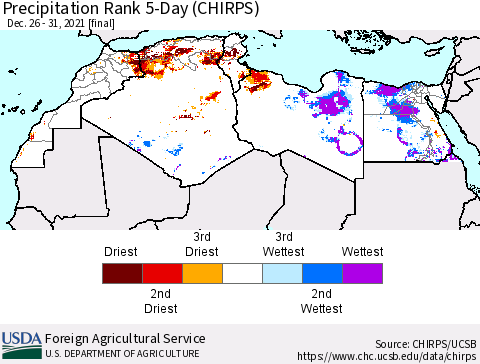 North Africa Precipitation Rank since 1981, 5-Day (CHIRPS) Thematic Map For 12/26/2021 - 12/31/2021