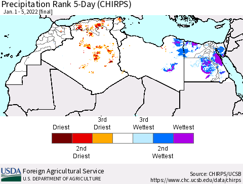 North Africa Precipitation Rank since 1981, 5-Day (CHIRPS) Thematic Map For 1/1/2022 - 1/5/2022