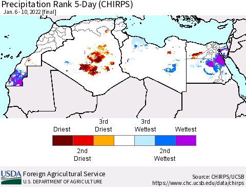 North Africa Precipitation Rank since 1981, 5-Day (CHIRPS) Thematic Map For 1/6/2022 - 1/10/2022