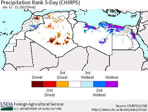 North Africa Precipitation Rank since 1981, 5-Day (CHIRPS) Thematic Map For 1/11/2022 - 1/15/2022