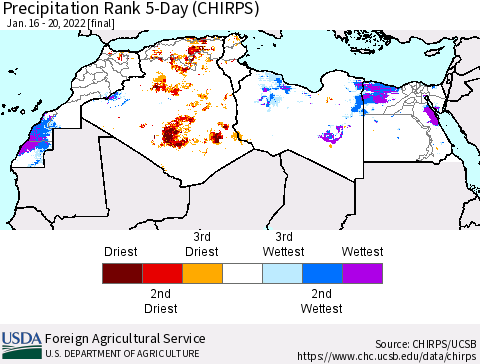North Africa Precipitation Rank since 1981, 5-Day (CHIRPS) Thematic Map For 1/16/2022 - 1/20/2022