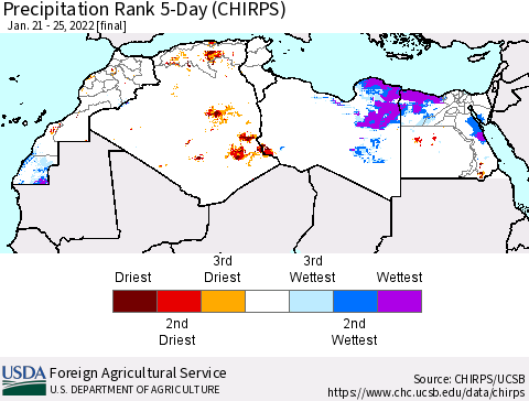 North Africa Precipitation Rank since 1981, 5-Day (CHIRPS) Thematic Map For 1/21/2022 - 1/25/2022
