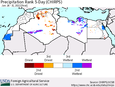 North Africa Precipitation Rank since 1981, 5-Day (CHIRPS) Thematic Map For 1/26/2022 - 1/31/2022