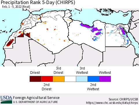 North Africa Precipitation Rank since 1981, 5-Day (CHIRPS) Thematic Map For 2/1/2022 - 2/5/2022