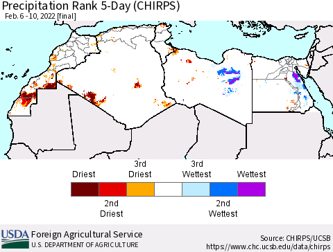 North Africa Precipitation Rank since 1981, 5-Day (CHIRPS) Thematic Map For 2/6/2022 - 2/10/2022