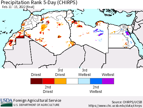 North Africa Precipitation Rank since 1981, 5-Day (CHIRPS) Thematic Map For 2/11/2022 - 2/15/2022