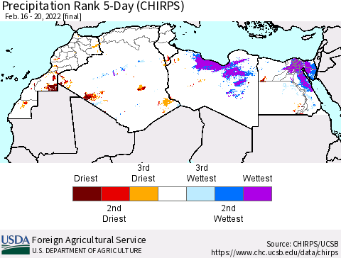 North Africa Precipitation Rank since 1981, 5-Day (CHIRPS) Thematic Map For 2/16/2022 - 2/20/2022