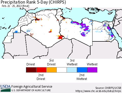 North Africa Precipitation Rank since 1981, 5-Day (CHIRPS) Thematic Map For 2/21/2022 - 2/25/2022