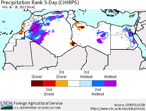 North Africa Precipitation Rank since 1981, 5-Day (CHIRPS) Thematic Map For 2/26/2022 - 2/28/2022