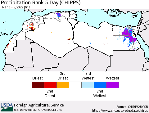 North Africa Precipitation Rank since 1981, 5-Day (CHIRPS) Thematic Map For 3/1/2022 - 3/5/2022