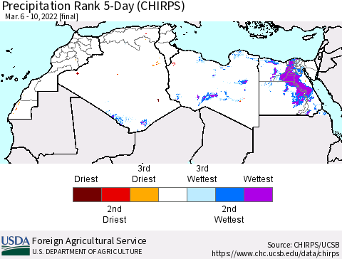 North Africa Precipitation Rank since 1981, 5-Day (CHIRPS) Thematic Map For 3/6/2022 - 3/10/2022