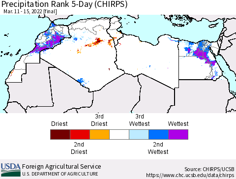 North Africa Precipitation Rank since 1981, 5-Day (CHIRPS) Thematic Map For 3/11/2022 - 3/15/2022
