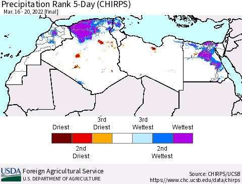 North Africa Precipitation Rank since 1981, 5-Day (CHIRPS) Thematic Map For 3/16/2022 - 3/20/2022