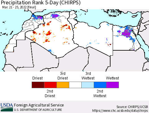 North Africa Precipitation Rank since 1981, 5-Day (CHIRPS) Thematic Map For 3/21/2022 - 3/25/2022