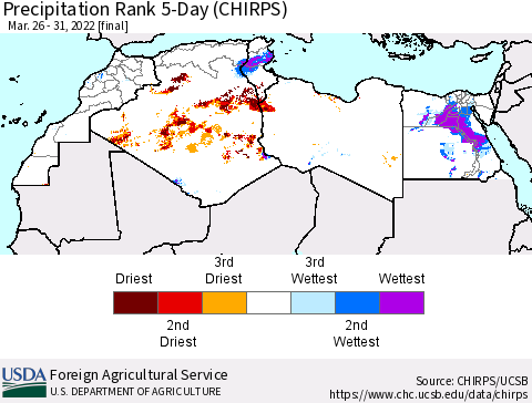 North Africa Precipitation Rank since 1981, 5-Day (CHIRPS) Thematic Map For 3/26/2022 - 3/31/2022