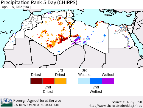 North Africa Precipitation Rank since 1981, 5-Day (CHIRPS) Thematic Map For 4/1/2022 - 4/5/2022