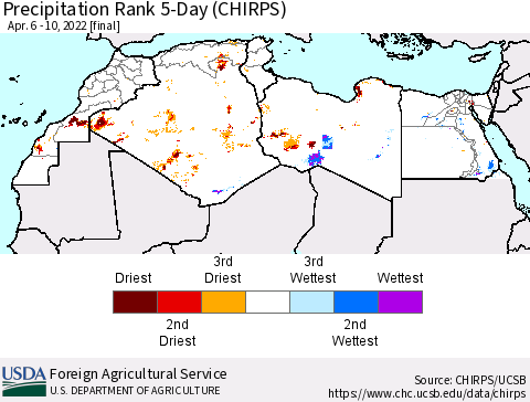 North Africa Precipitation Rank since 1981, 5-Day (CHIRPS) Thematic Map For 4/6/2022 - 4/10/2022